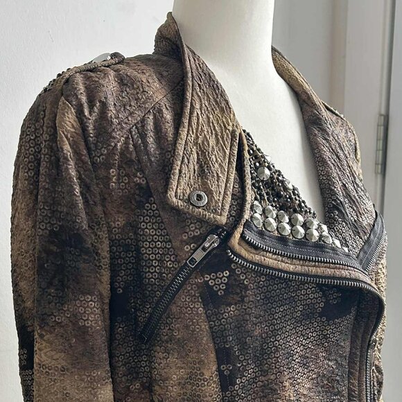 Simon Chang Bronze Textured Moto Jacket with Stones & Embellishments - US 12 - Picture 1 of 10